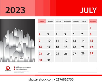 July 2023 year- Calendar 2023 template, Desk Calendar 2023 year, Week Start On Sunday, Wall calendar design, sample Planner, Stationery, Poster, printing media, red background
