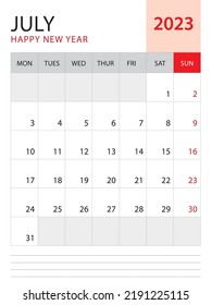 July 2023-Calendar 2023 template vector on red background, week start on monday, Desk calendar 2023 year, Wall calendar design, corporate planner template, Stationery, organizer diary, vector