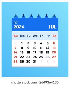 Calendário de julho de 2024. Retrato de calendário azul. 2024 Weekend segue sábado e domingo. Layout de design. Folha de calendário mensal julho de 2024. Ilustração vetorial