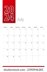 Diseño del calendario de julio de 2024. La semana comienza el lunes. Plantilla de calendario vertical 2024.