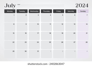 July 2024 calendar or desk planner in soft gray and purple colors with empty note lines, weeks start on Monday, vector illustration design