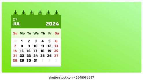 Calendário de julho de 2024. Paisagem do calendário verde. Fim de semana de 2024 marcado para domingo e sábado. Modelo de data do calendário limpo em julho. Ilustração vetorial.