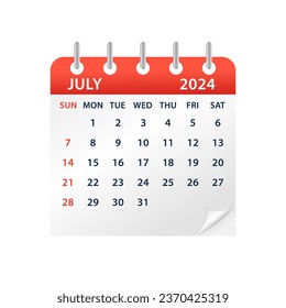 Hoja del Calendario de Julio de 2024. Calendario 2024 en estilo plano. Calendario 2024 semana de inicio domingo planeamiento de diseño corporativo. Calendario de pared. Ilustración del vector