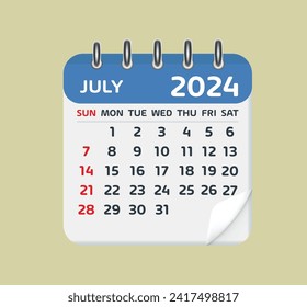 Juli 2024 Kalenderblatt. Kalender 2024 in flachem Stil