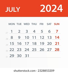 Hoja del Calendario de Julio de 2024 - Ilustración. página de gráfico de vector