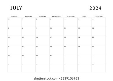 July 2024 calendar. Monthly planner template. Sunday start. Vector design