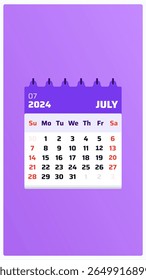 July 2024 calendar. Purple calendar story. 2024 Weekend sunday and saturday style. Monthly planner. Calendar date layout july 2024. Vector illustration