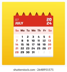 July 2024 calendar. Red calendar square. 2024 Weekend sunday saturday format. Template layout for planning. Calendar dates july 2024 version. Vector illustration.

