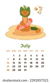 July 2024. Calendar sheet with a cute cat in a dragon costume with a lifebuoy. Cartoon vector illustration.