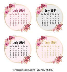 July 2024 Calendar template. 2024 Calendar. 2024 annual calendar template with floral.
