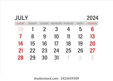 July 2024 calendar template. Layout for July 2024. Printable monthly planner. Desk calendar design. Start of the week on Sunday