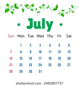 July 2024 Calendar. July 2024 Calendar with Vector daisies and green leaves Illustration. Wall Desk Calendar Vector Template, Simple Minimal Design. Wall Calendar Template For July 2024.