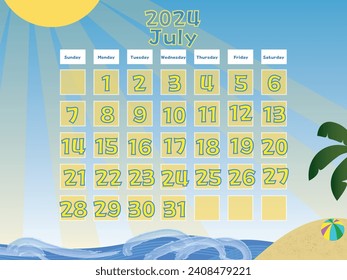 July 2024 Calendar Vector Illustration. Calendar Vector Template. Design with summer themed background. Summer concept 2024 July calendar with 
sun, sea and beach ball