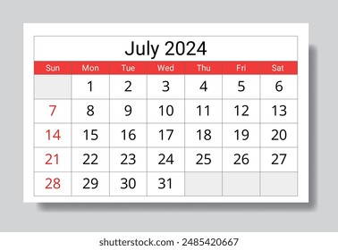 July 2024 ENGLISH month calendar. Vector printable illustration. Monthly planning for your events