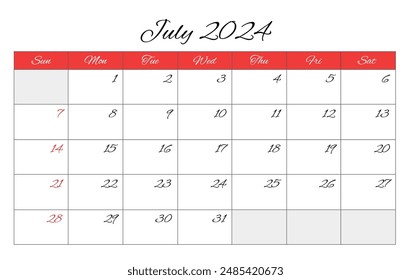 July 2024 ENGLISH month calendar. Vector printable illustration. Monthly planning for your business events