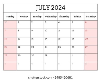 July 2024 ENGLISH month calendar. Vector printable illustration. Monthly planning for your business events