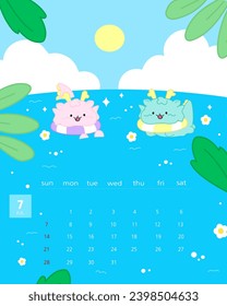 It's July 2024 Korean calendar with a character of a dragon playing in the sea