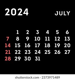 July 2024 month calendar. Vector illustration.