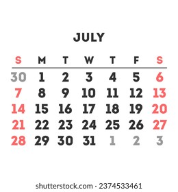 July 2024 month calendar. Vector illustration.