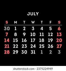 July 2024 month calendar. Vector illustration.