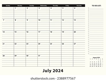 July 2024 Monthly Business Desk Pad Calendar. July 2024 calendar planner with to-do list and place for notes in black and white design.