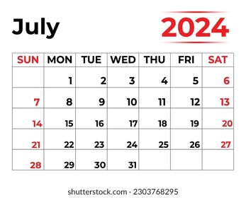 July 2024 monthly calendar design in clean look week starts from sunday