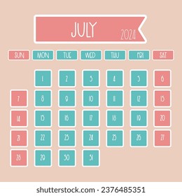 July 2024 monthly calendar design with thin font where week starts from sunday
