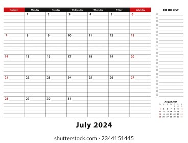 July 2024 Monthly Desk Pad Calendar week starts from sunday, size A3. July 2024 calendar planner with to-do list and place for notes.