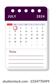 Plantilla de calendario de notas de julio de 2024. Diseño de vectores