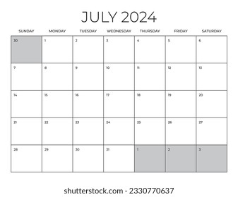 Calendario de Office de julio de 2024, plantilla de calendario en blanco, planificación mensual de la oficina en el hogar, calendario de tamaño de carta