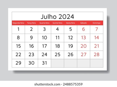 Julio 2024 calendario portugués (Julho). Ilustración vectorial. Planificación mensual para su negocio en Portugal