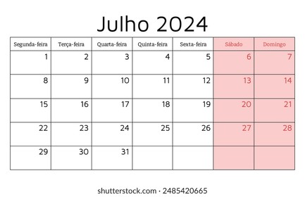 July 2024 portuguese calendar. Vector illustration. Monthly planning for your business in Portugal
