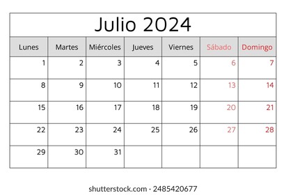 July 2024 SPANISH calendar (Julio). Vector illustration. Monthly planning for your business in Spain
