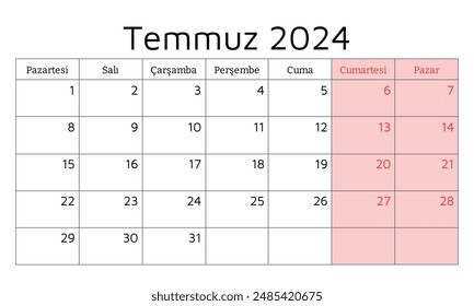 July 2024 TURKISH calendar - Temmuz. Vector illustration. Monthly planning for your business in Turkey
