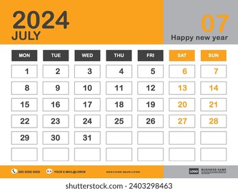 July 2024 year, Calendar 2024 template, week start on monday, Desk calendar 2024 design, simple, Wall calendar, Corporate design planner template vector, printing media, yellow background
