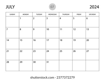 July 2024 year planner template, calendar 2024 template, monthly and yearly planners. organizer diary. week start Sunday, corporate planner template, Desk calendar 2024 year, Vector illustration