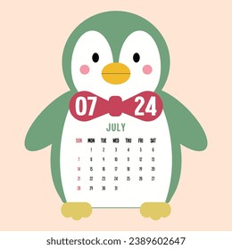 JULY 2024 Yearly Calendar Printable,  calendar showing months for the year 2024, colorful calendar for the new year, vector.