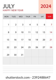 July 2024-Calendar 2024 template vector on red background, week start on monday, Desk calendar 2024 year, Wall calendar design, corporate planner template, Stationery, organizer diary, vector