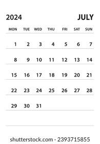 July 2024-Calendar 2024 template vector on white background, week start on monday, Desk calendar 2024 year, Wall calendar design, corporate planner template, clean style, stationery, organizer 