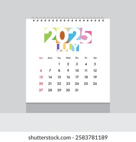 July 2025 Calendar. Date month of July 2025. Page of annual monthly calendar July 2025.