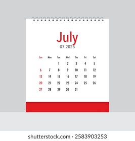 July 2025 Calendar. Date month of July 2025. Page of annual monthly calendar July 2025.