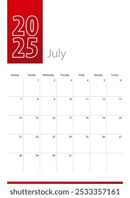 July 2025 calendar design. Week starts on Monday. Vertical 2025 calendar template.