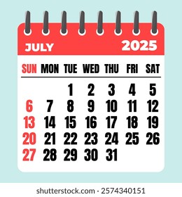 July 2025 Calendar. Desk Calendar 2025, Template Minimalist Calendar with Flat Design