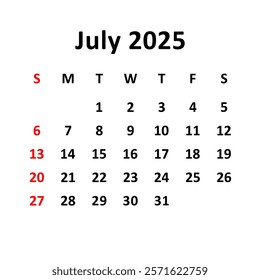 July 2025. Calendar with holydays or red dates. monthly calendar design with week starts on sunday. printable, simple, and clean vector design isolated on white background.