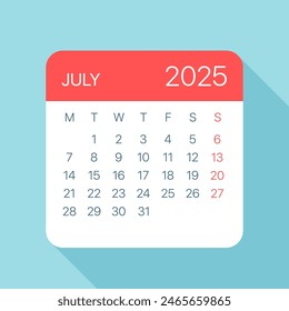 July 2025 Calendar Leaf - Illustration. Vector graphic page