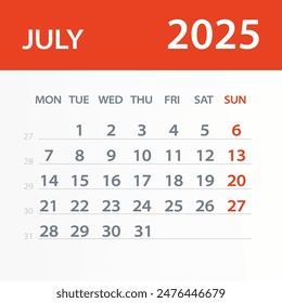 July 2025 Calendar Leaf - Illustration. Vector graphic page