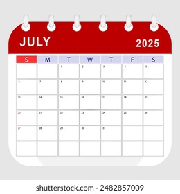 July 2025 calendar. Monthly planner template. Sunday start. Vector design