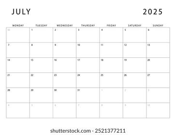 July 2025 calendar. Monthly planner template. Monday start. Vector design