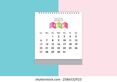 July 2025 Calendar on green and light pink color background. Date month of July 2025. Page of annual monthly calendar July 2025.