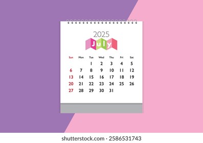 July 2025 Calendar on purple and light pink color background. Date month of July 2025. Page of annual monthly calendar July 2025.